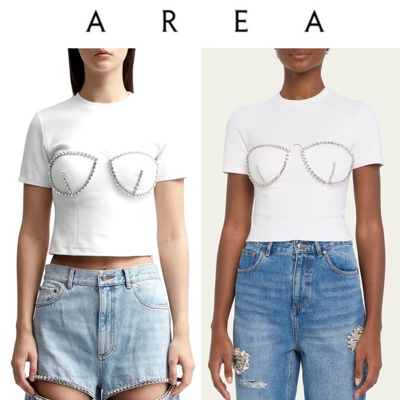 Area Crystal Bustier Cup Crop T-Shirt In White Sz Xs Nwt 495$